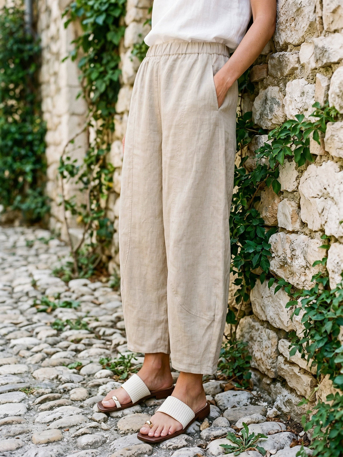 100% Linen Wide Leg Elastic Waist Pants