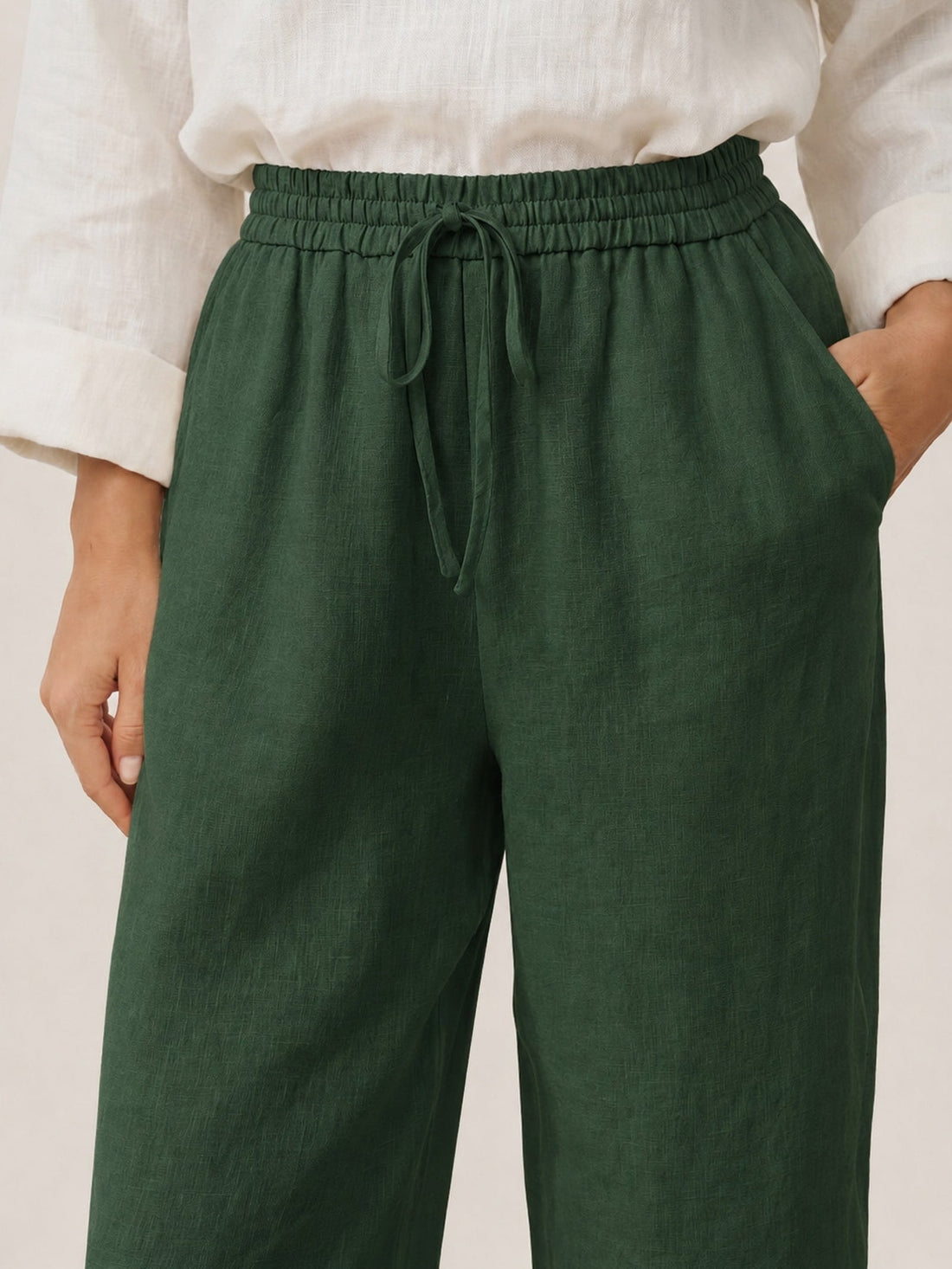 100% Linen Full-Elastic Waist Straight-Leg Pants