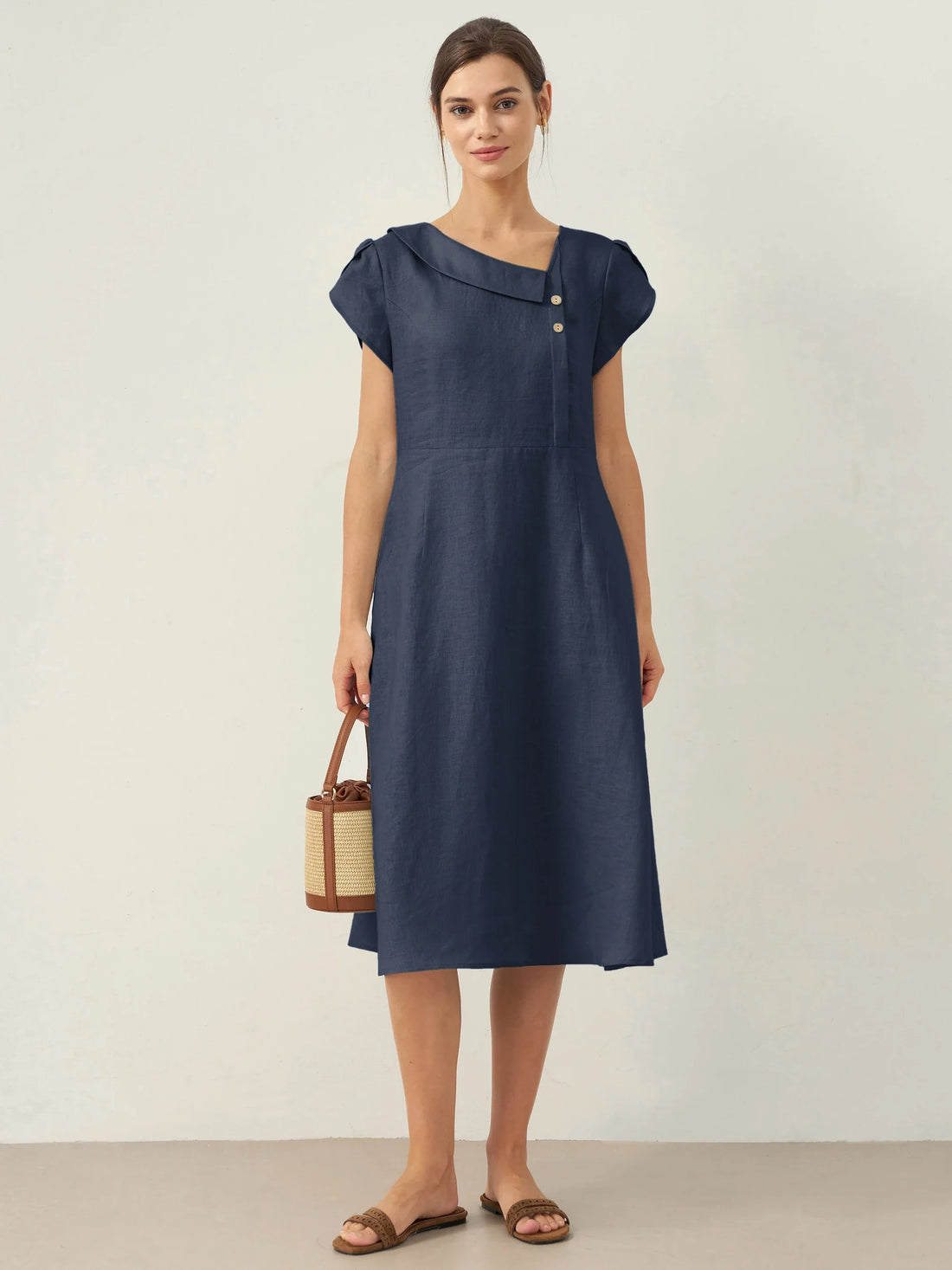 100% Linen Tailored Cap Sleeve Midi Dress