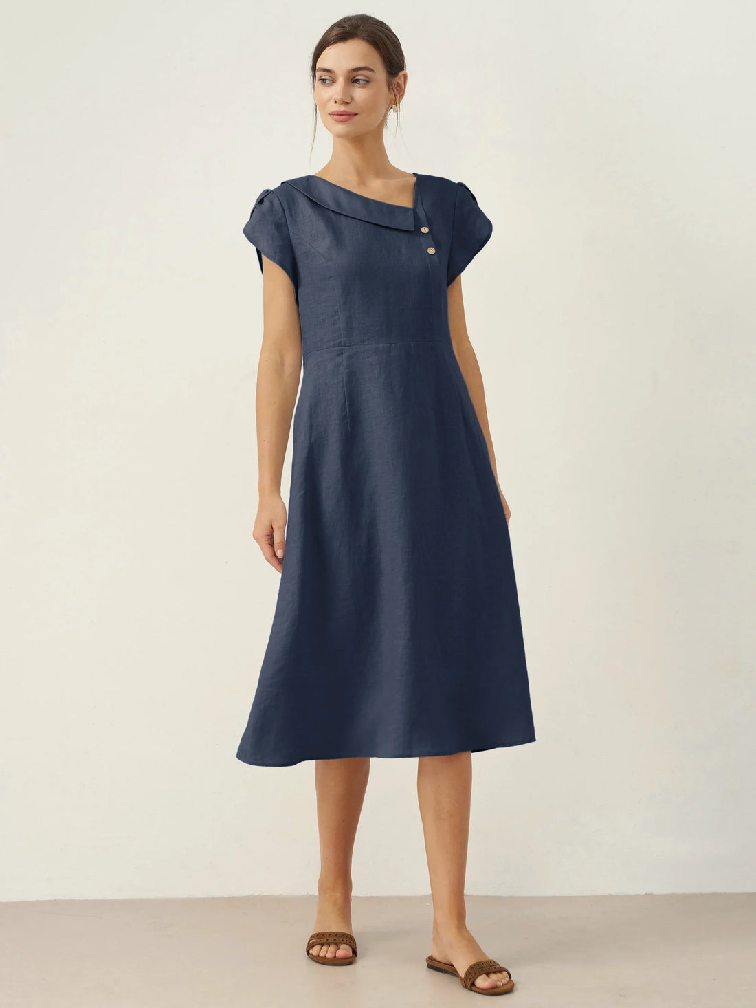 100% Linen Tailored Cap Sleeve Midi Dress