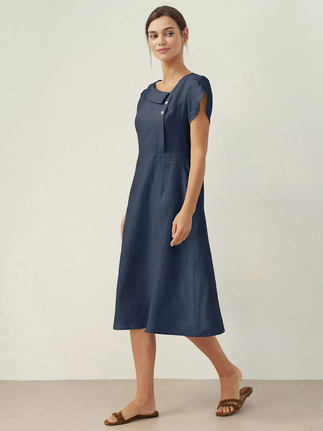 100% Linen Tailored Cap Sleeve Midi Dress