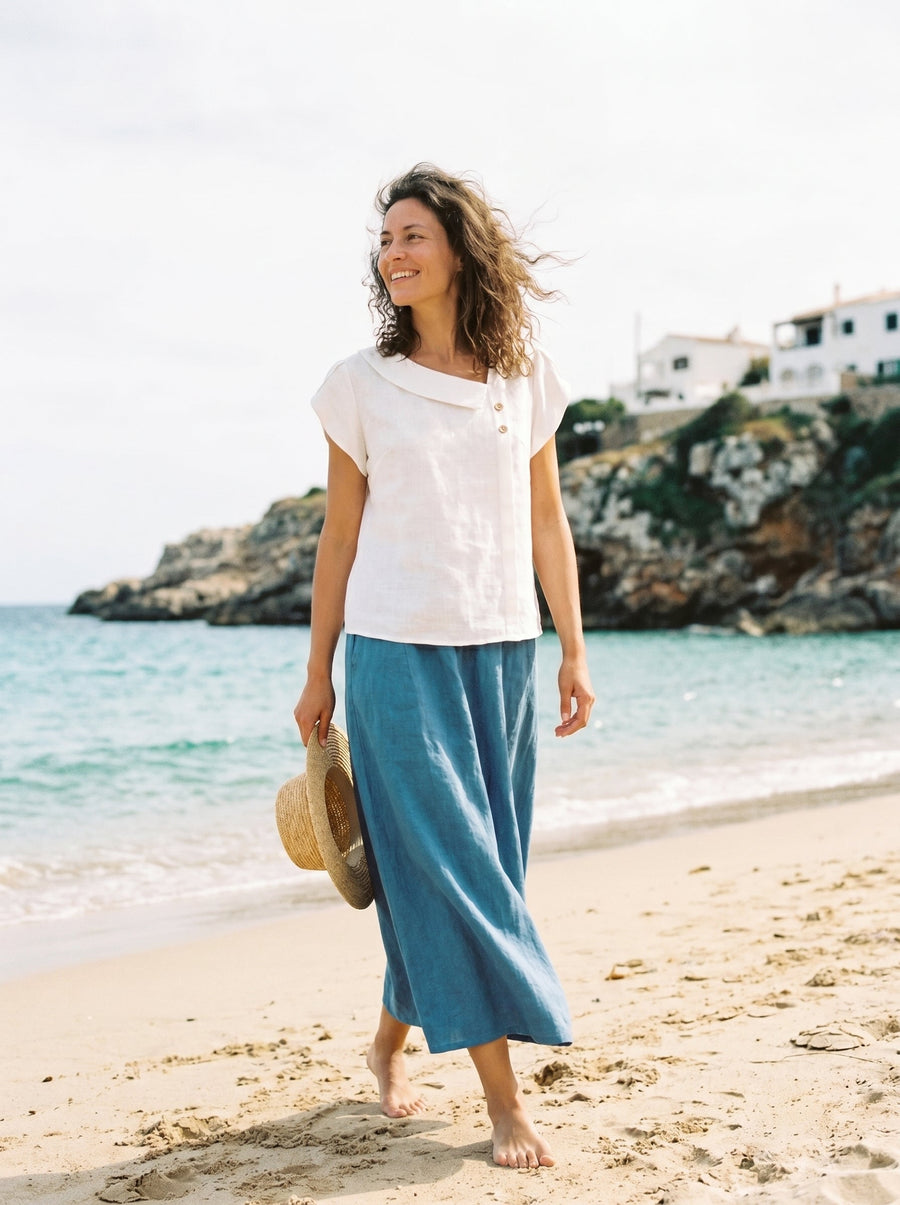 100% Linen Cap Sleeve Asymmetric Top