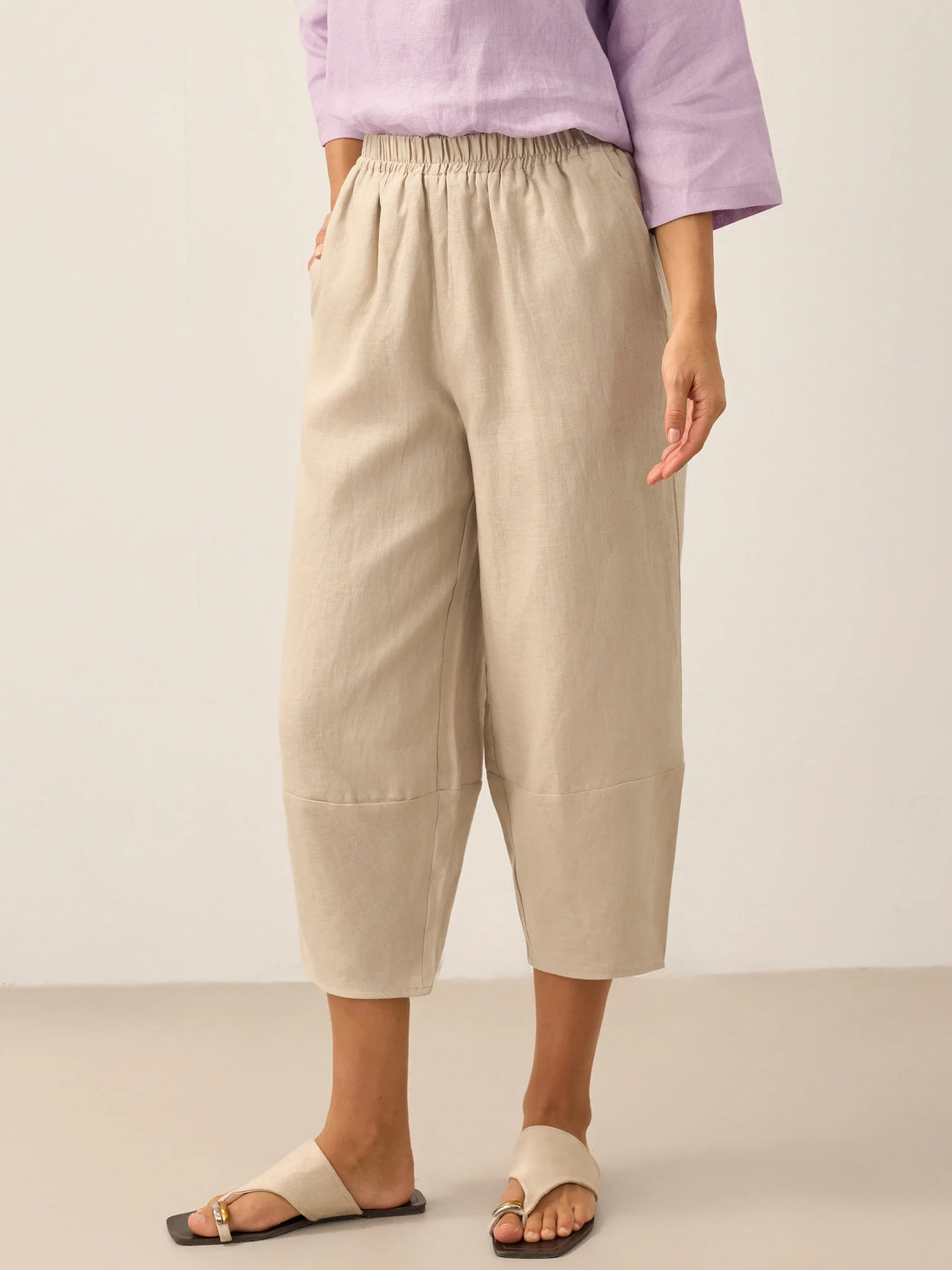 100% Linen Garment-Dyed Crop Barrel Pants