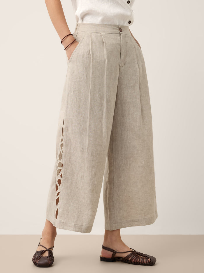 100% Linen Cutwork Cropped Wide-Leg Pants
