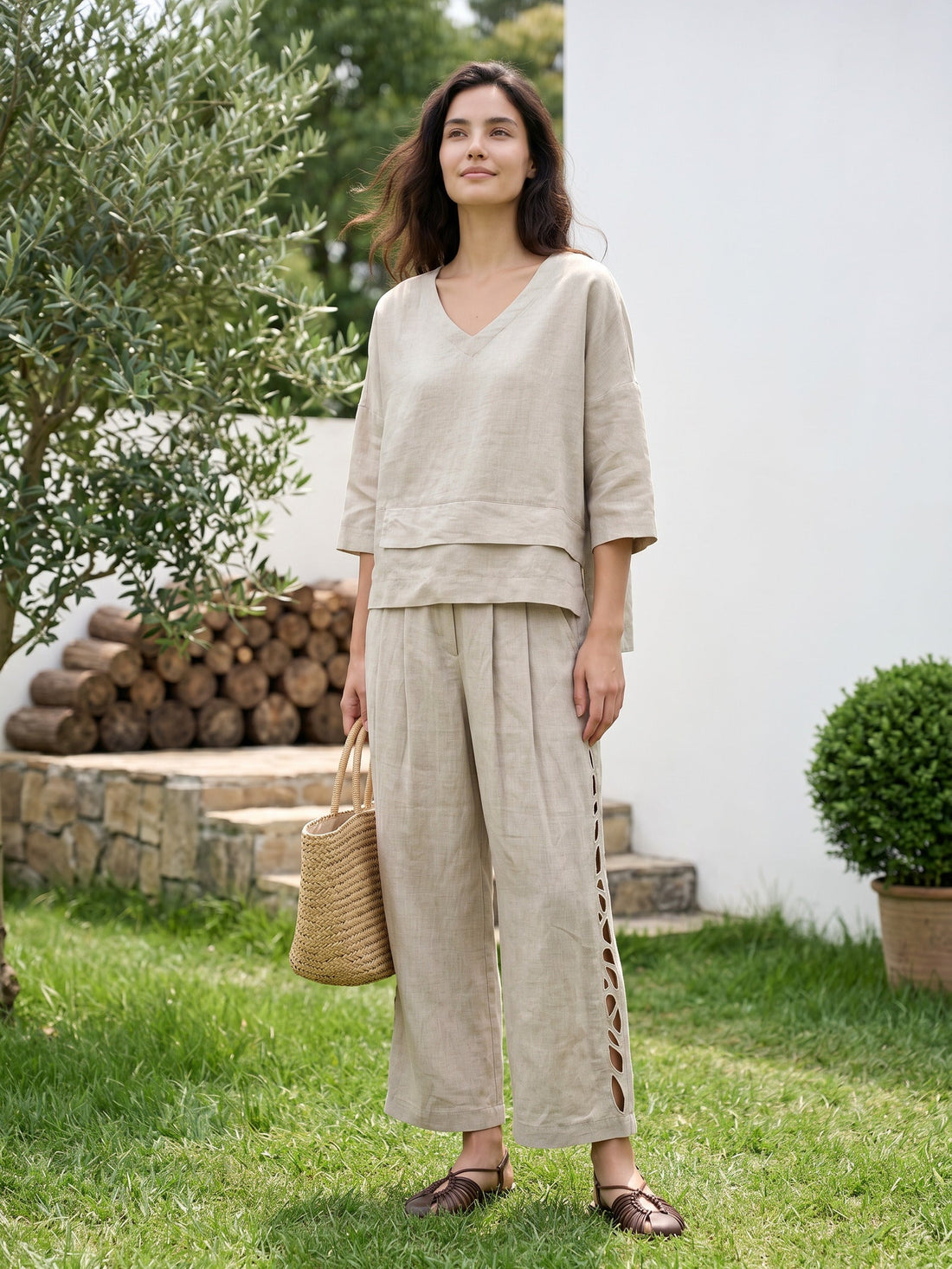 100% Linen Cutwork Cropped Wide-Leg Pants