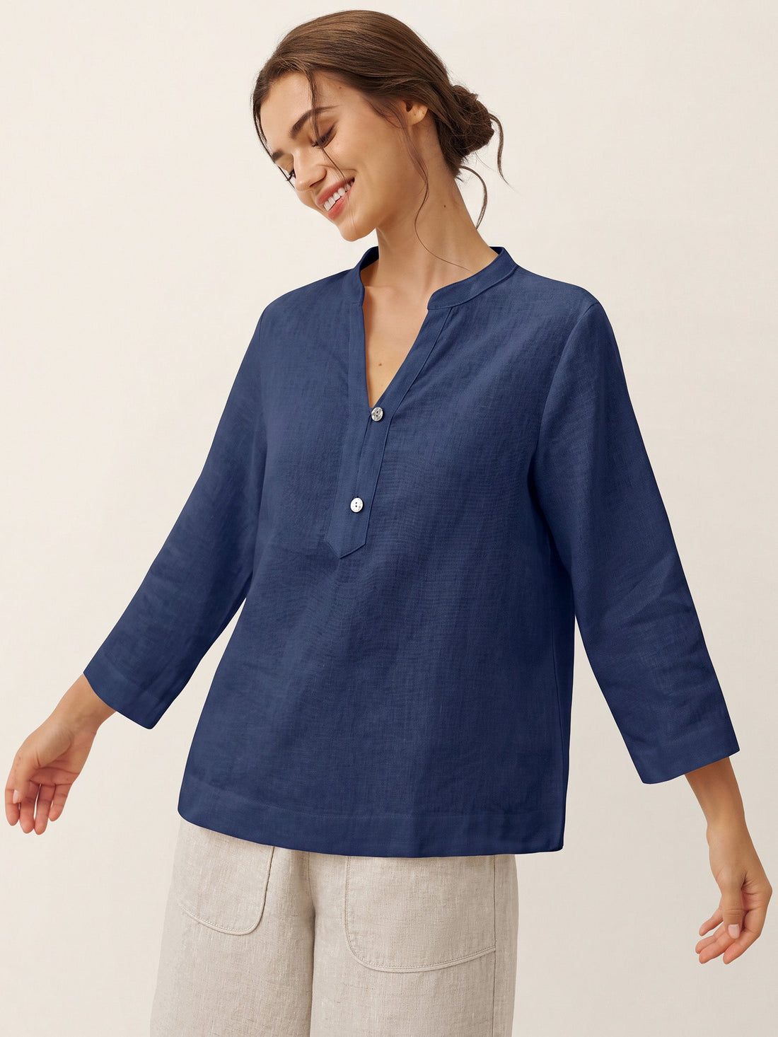 100% Linen Deep V-Neck Blouse With Button Trim