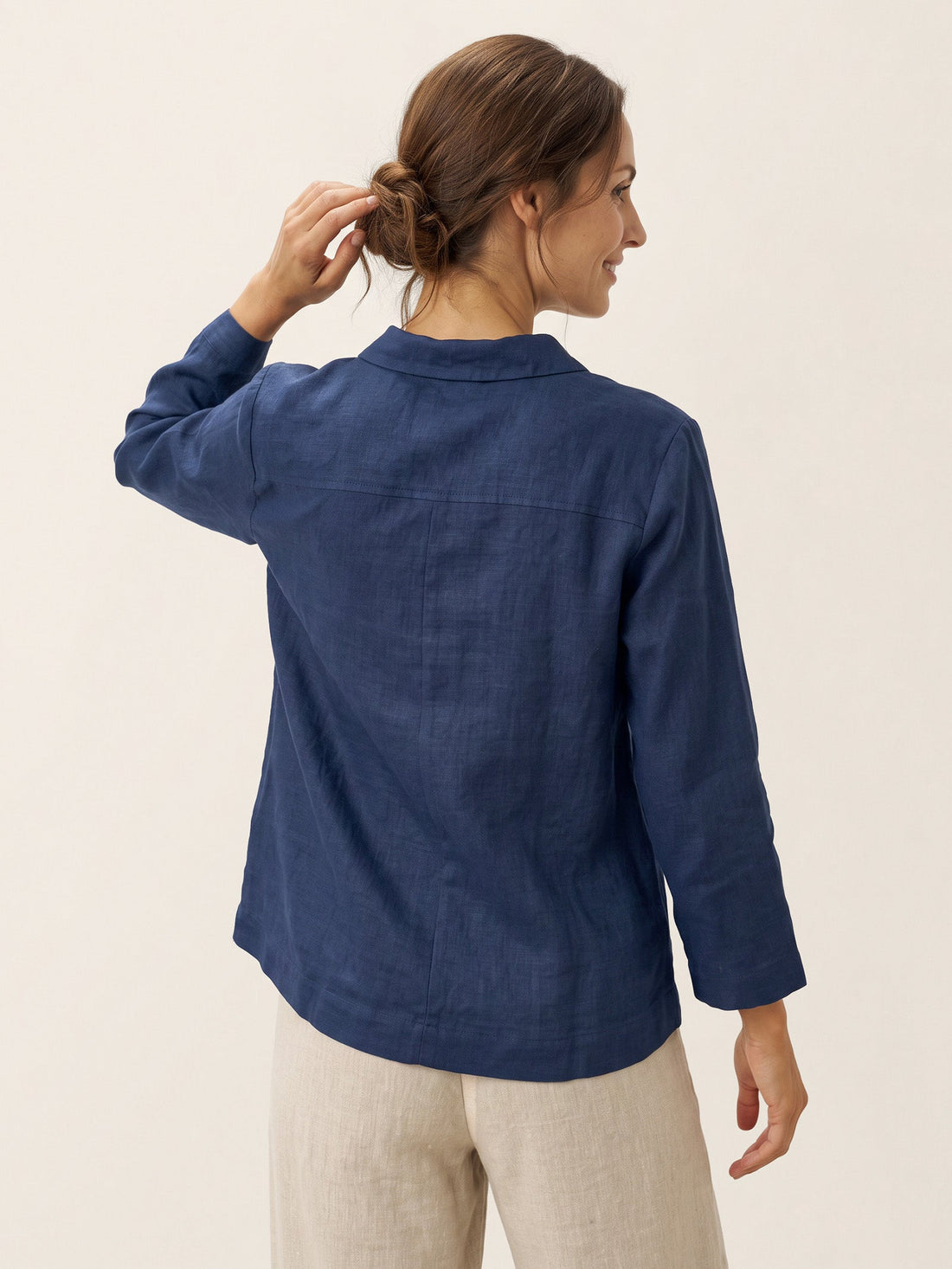 100% Linen Deep V-Neck Blouse With Button Trim
