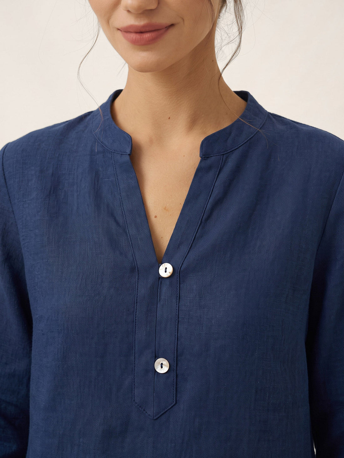 100% Linen Deep V-Neck Blouse With Button Trim