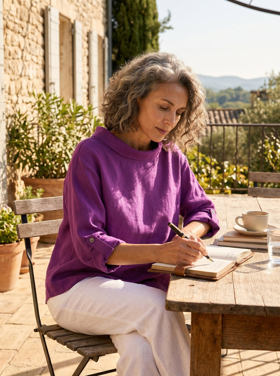 100% Linen Garment-Dyed Straight Blouse