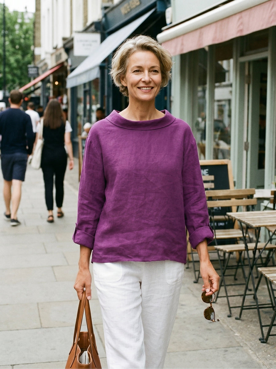 100% Linen Garment-Dyed Straight Blouse