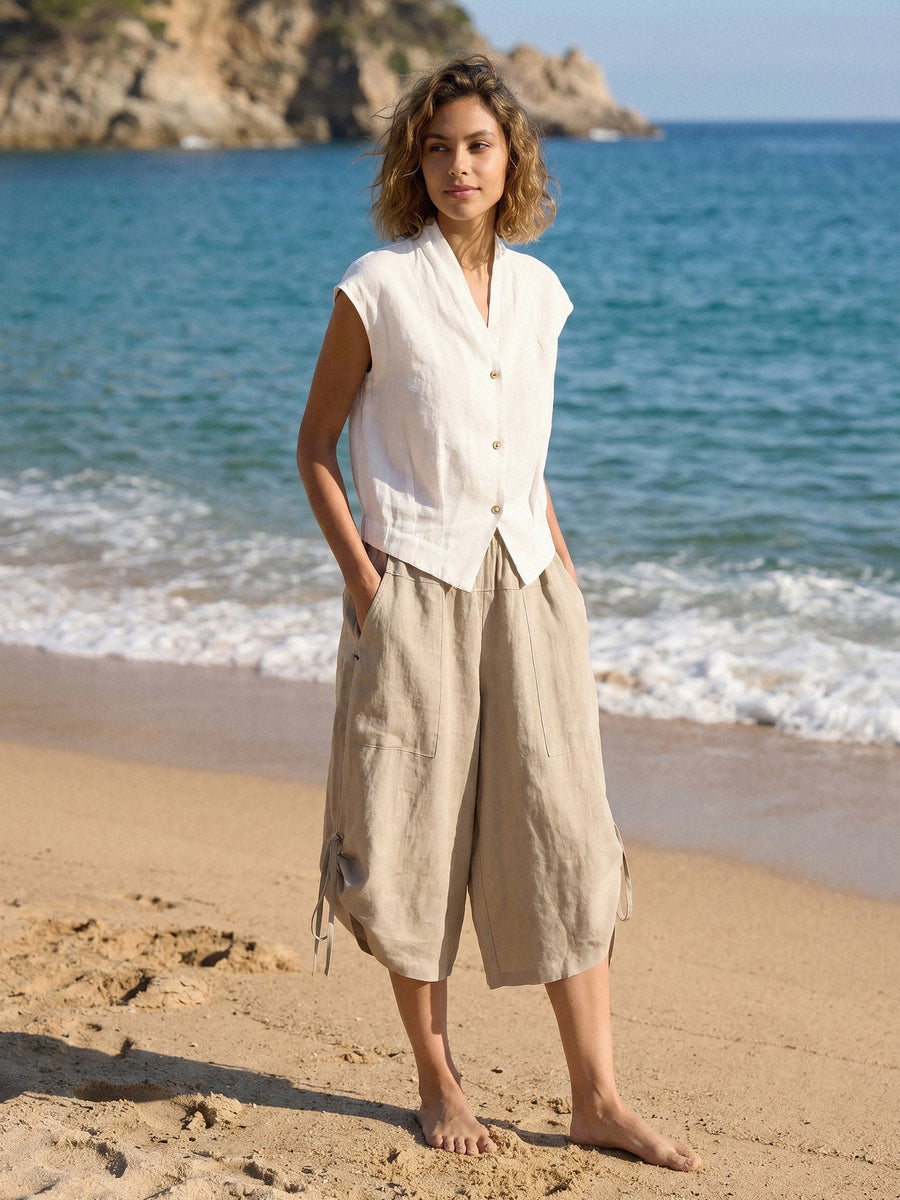 100% Linen Wide Leg Barrel Pants