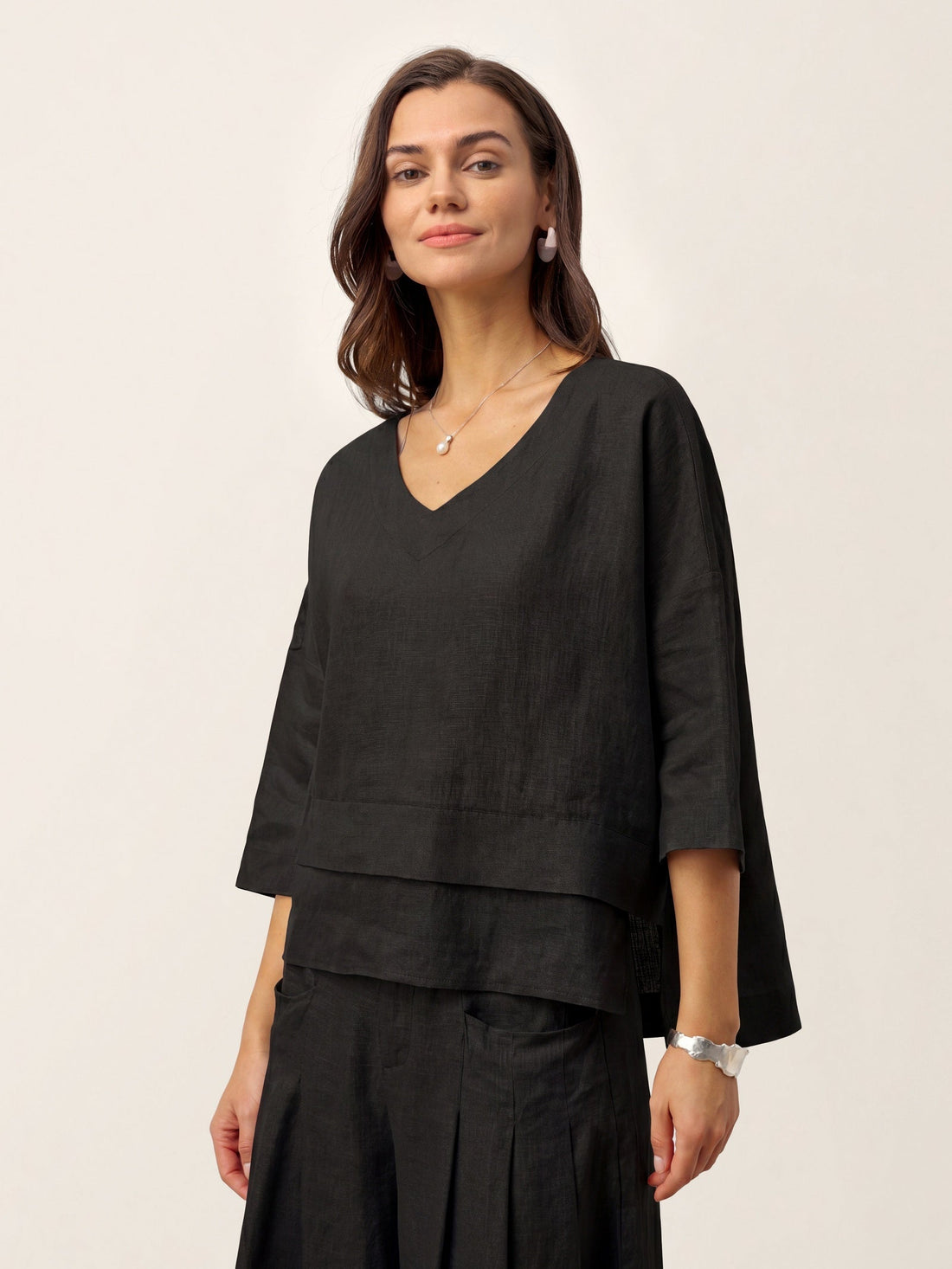 Linen Asymmetric V-Neck Half-Sleeve Shirt