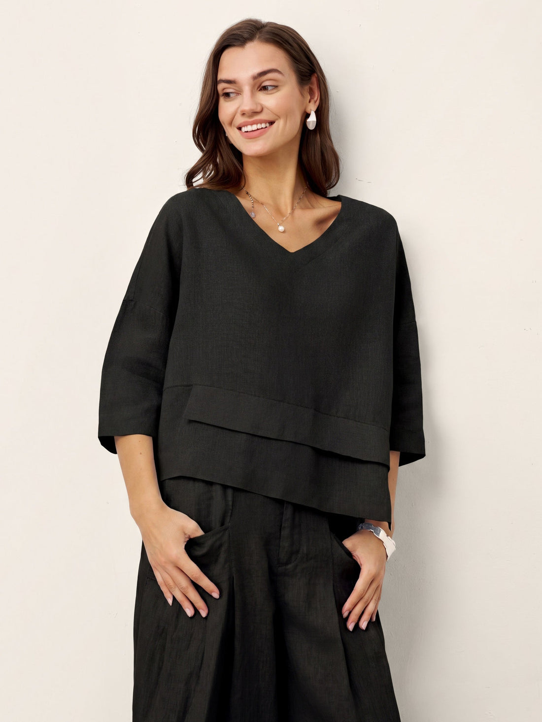 Linen Asymmetric V-Neck Half-Sleeve Shirt