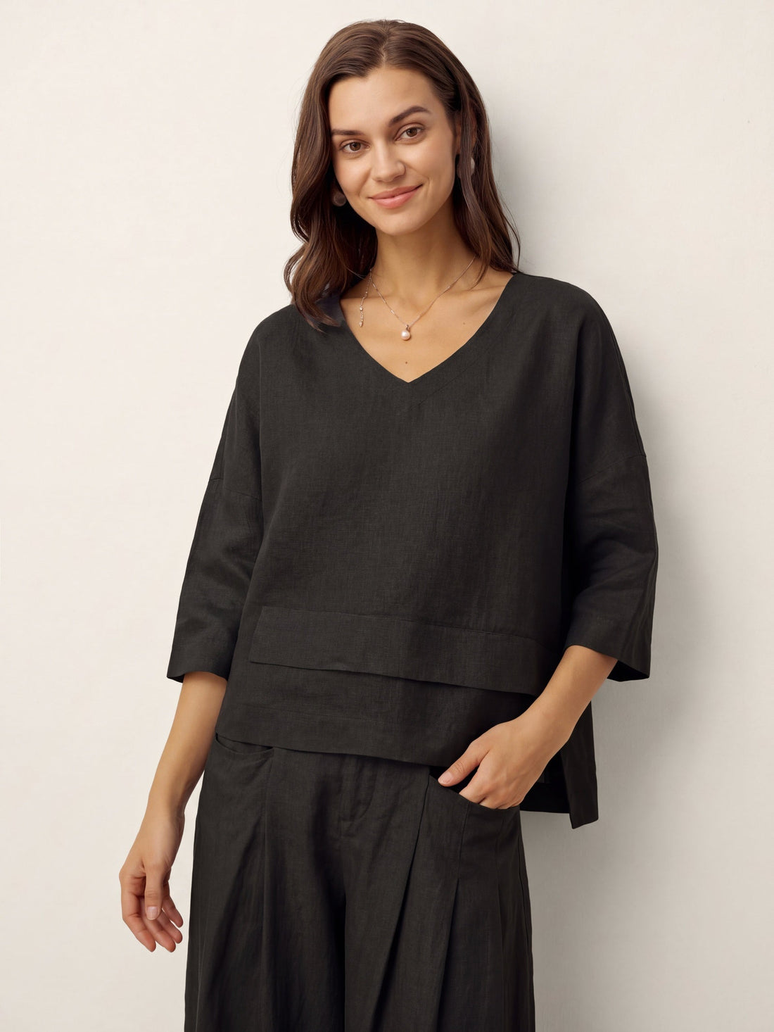 Linen Asymmetric V-Neck Half-Sleeve Shirt