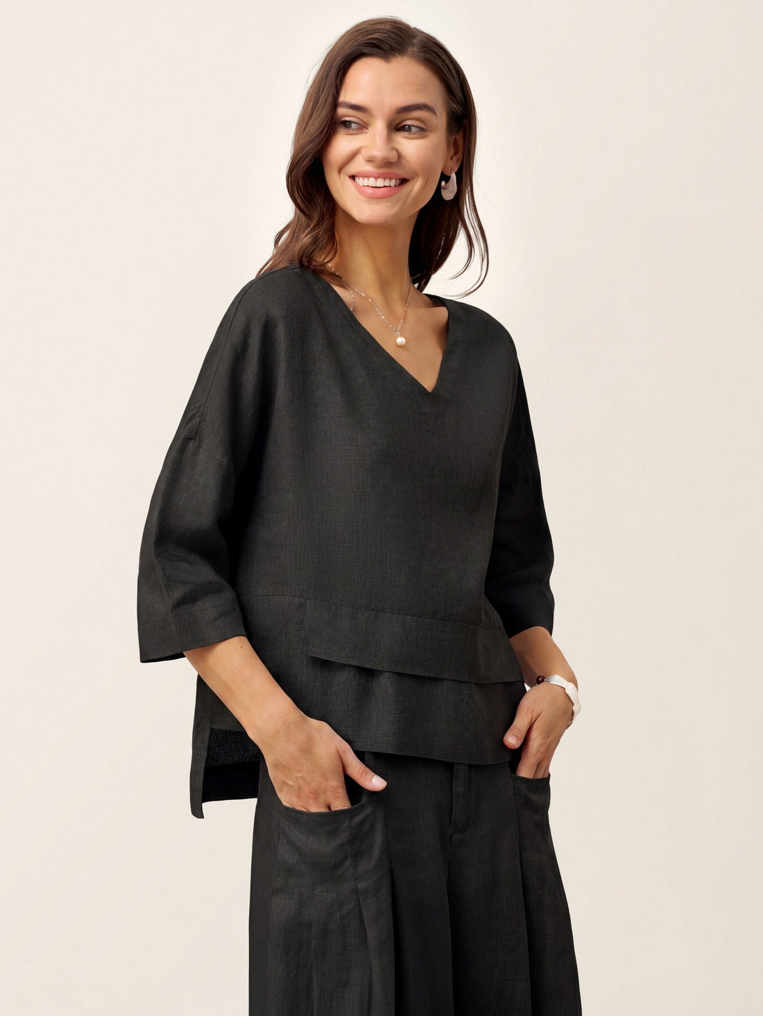 Linen Asymmetric V-Neck Half-Sleeve Shirt