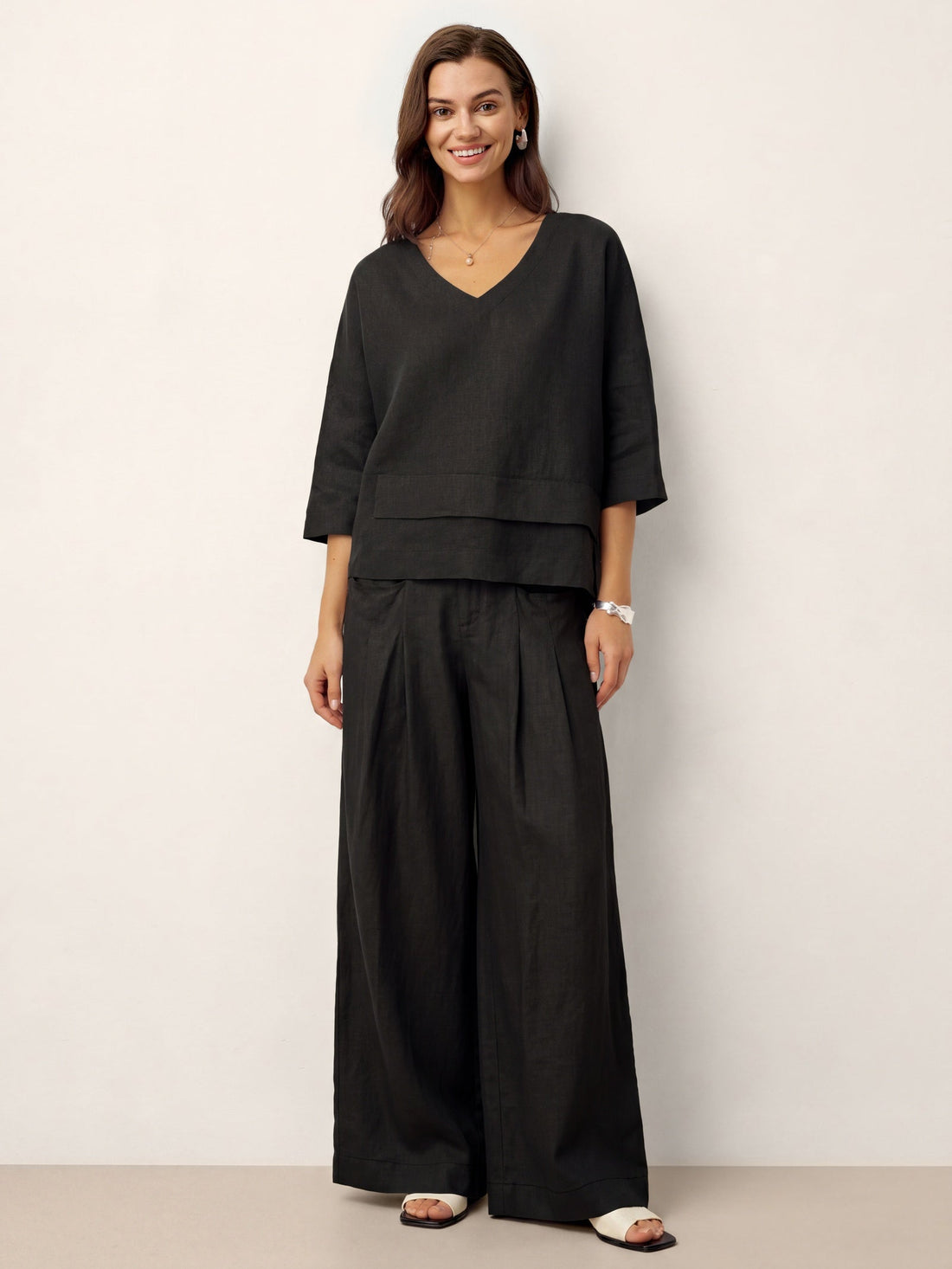 Linen Asymmetric V-Neck Half-Sleeve Shirt
