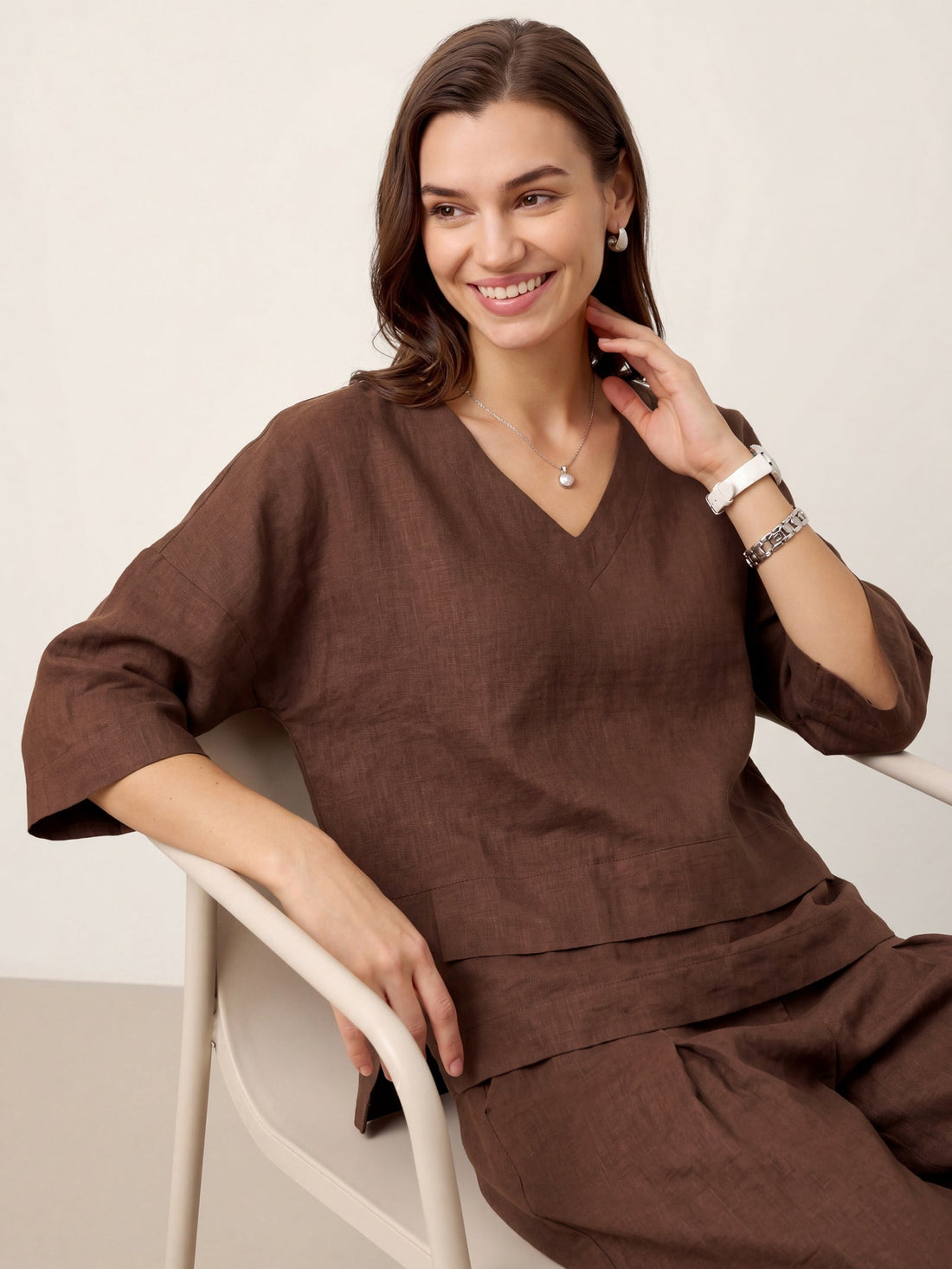Linen Asymmetric V-Neck Half-Sleeve Shirt