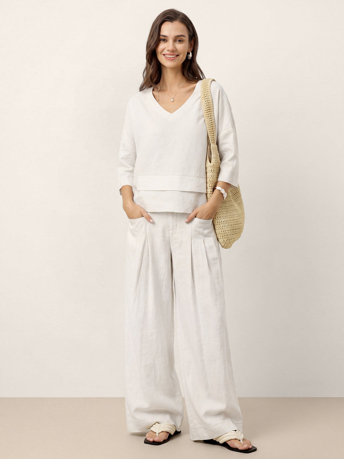 Linen Asymmetric V-Neck Half-Sleeve Shirt