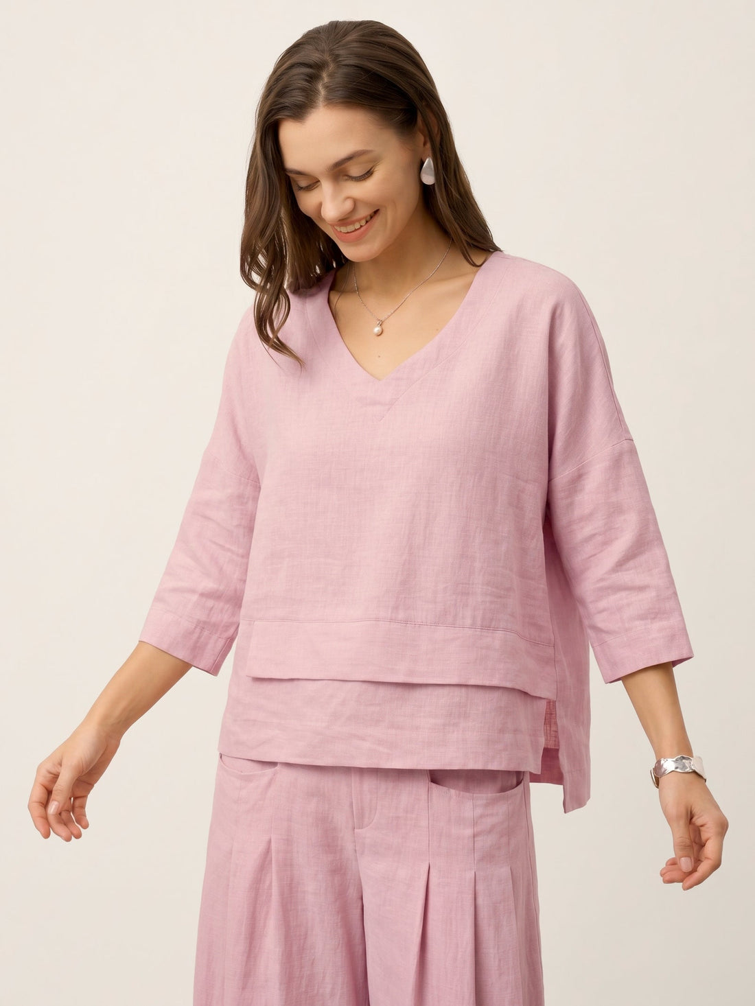Linen Asymmetric V-Neck Half-Sleeve Shirt