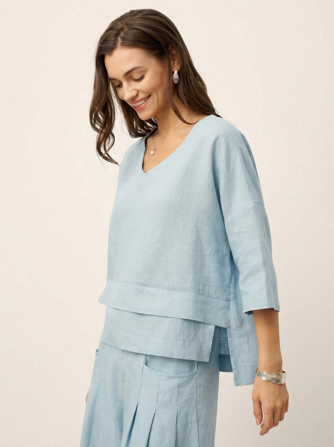 Linen Asymmetric V-Neck Half-Sleeve Shirt