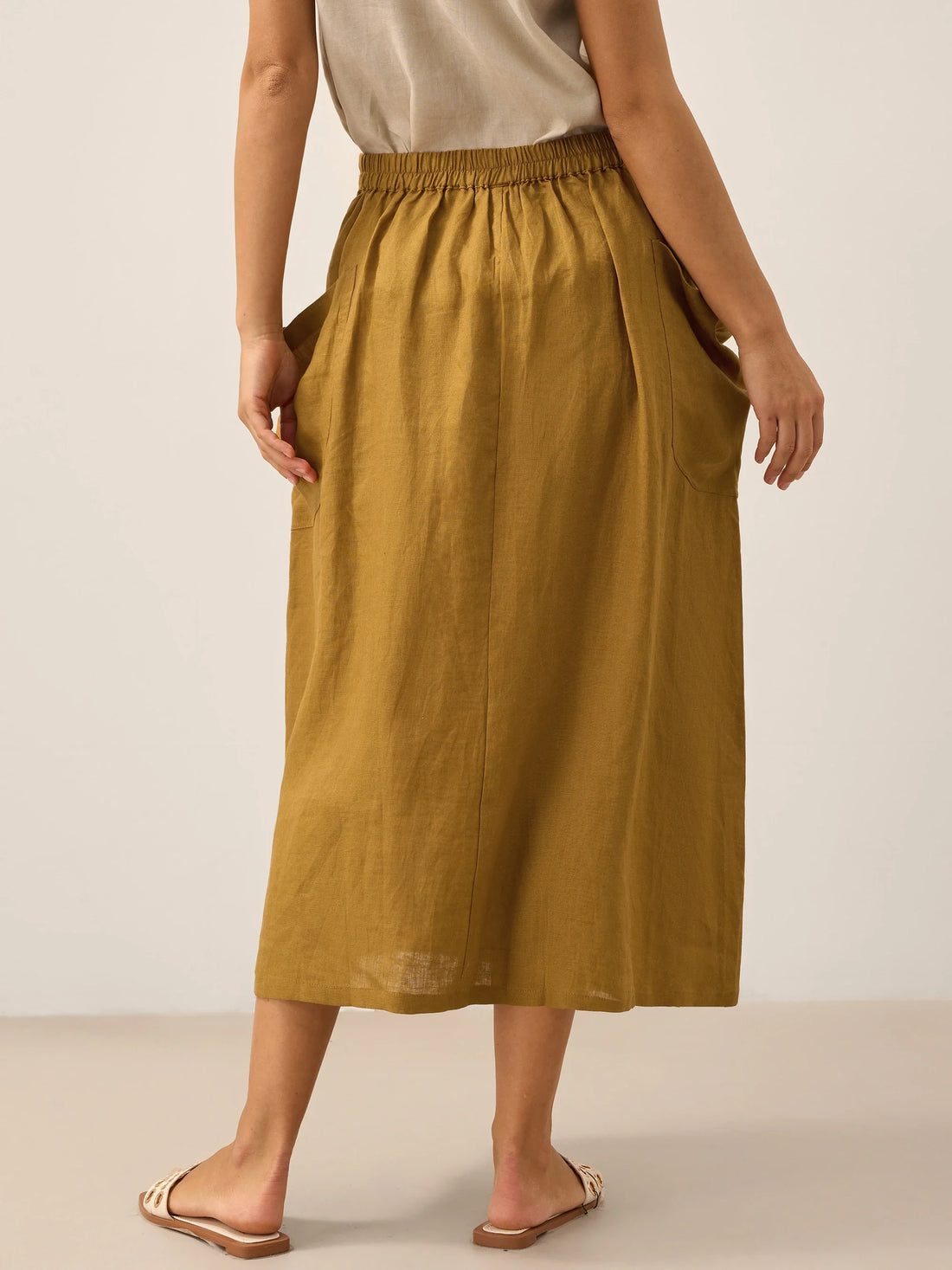75% Linen A-Line Midi Skirt with Patch Pockets