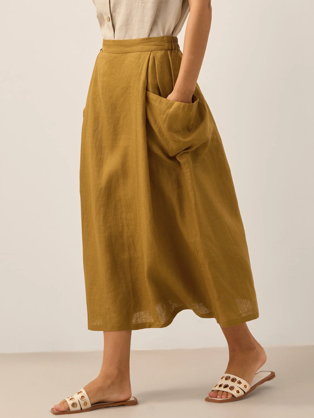 75% Linen A-Line Midi Skirt with Patch Pockets