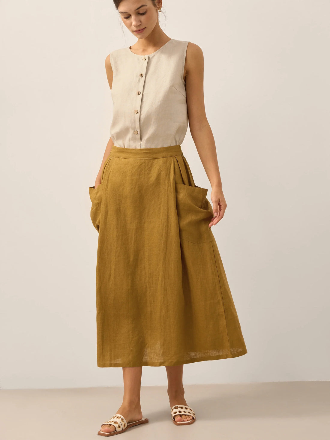 75% Linen A-Line Midi Skirt with Patch Pockets
