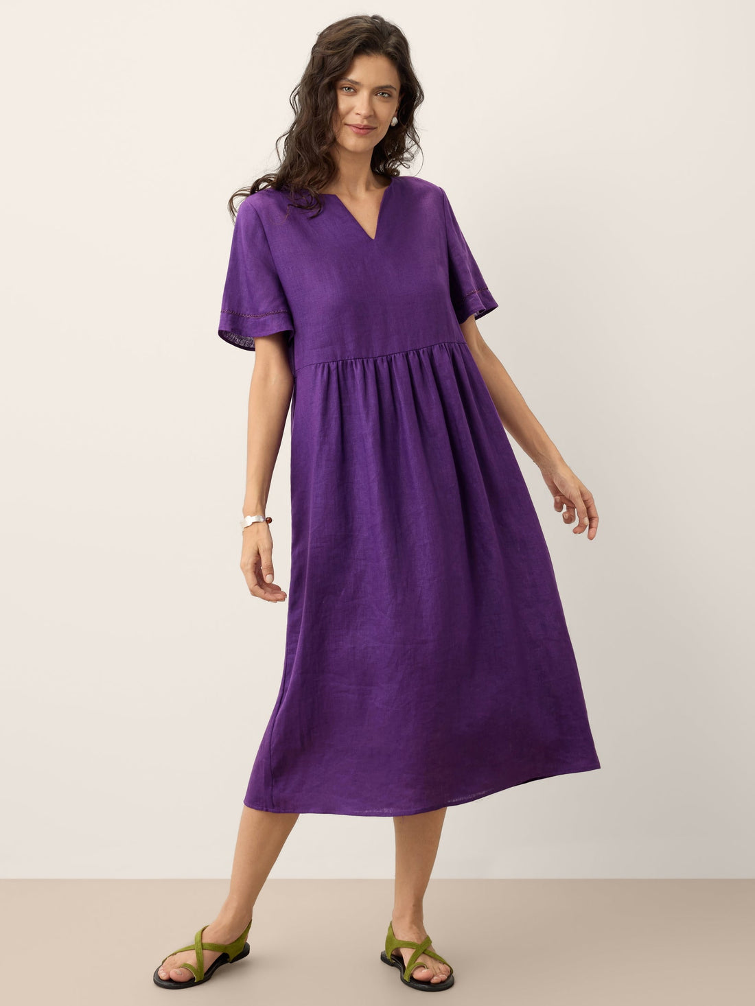 100% Linen Ruched Short Sleeve Midi Dress