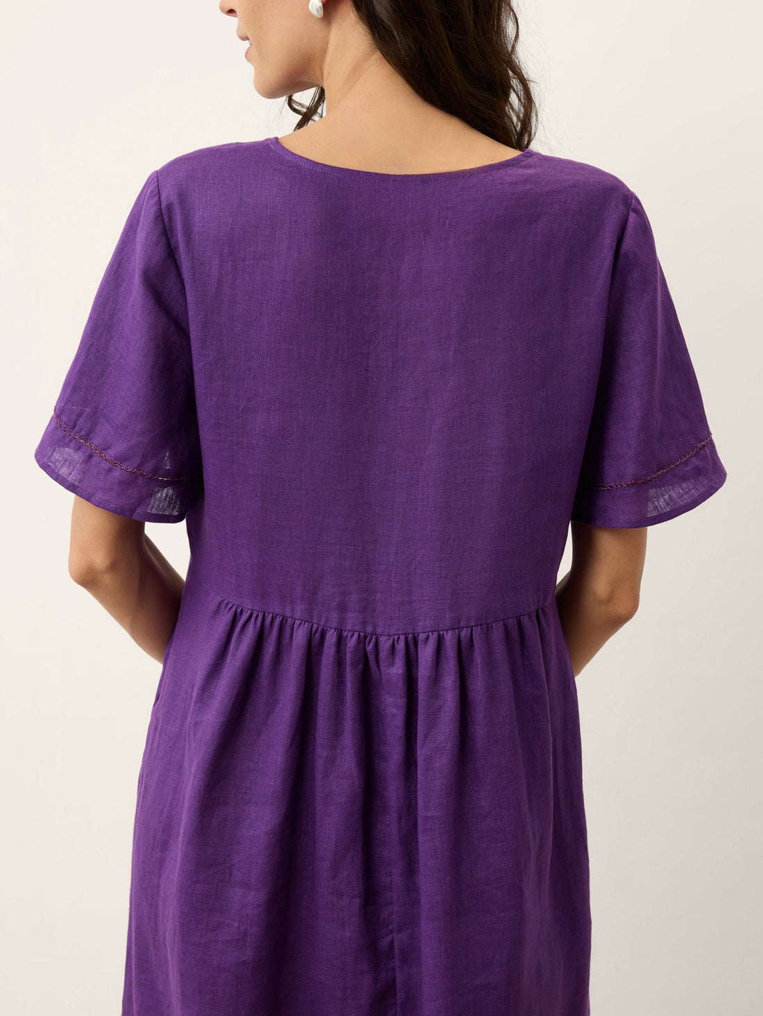 100% Linen Ruched Short Sleeve Midi Dress