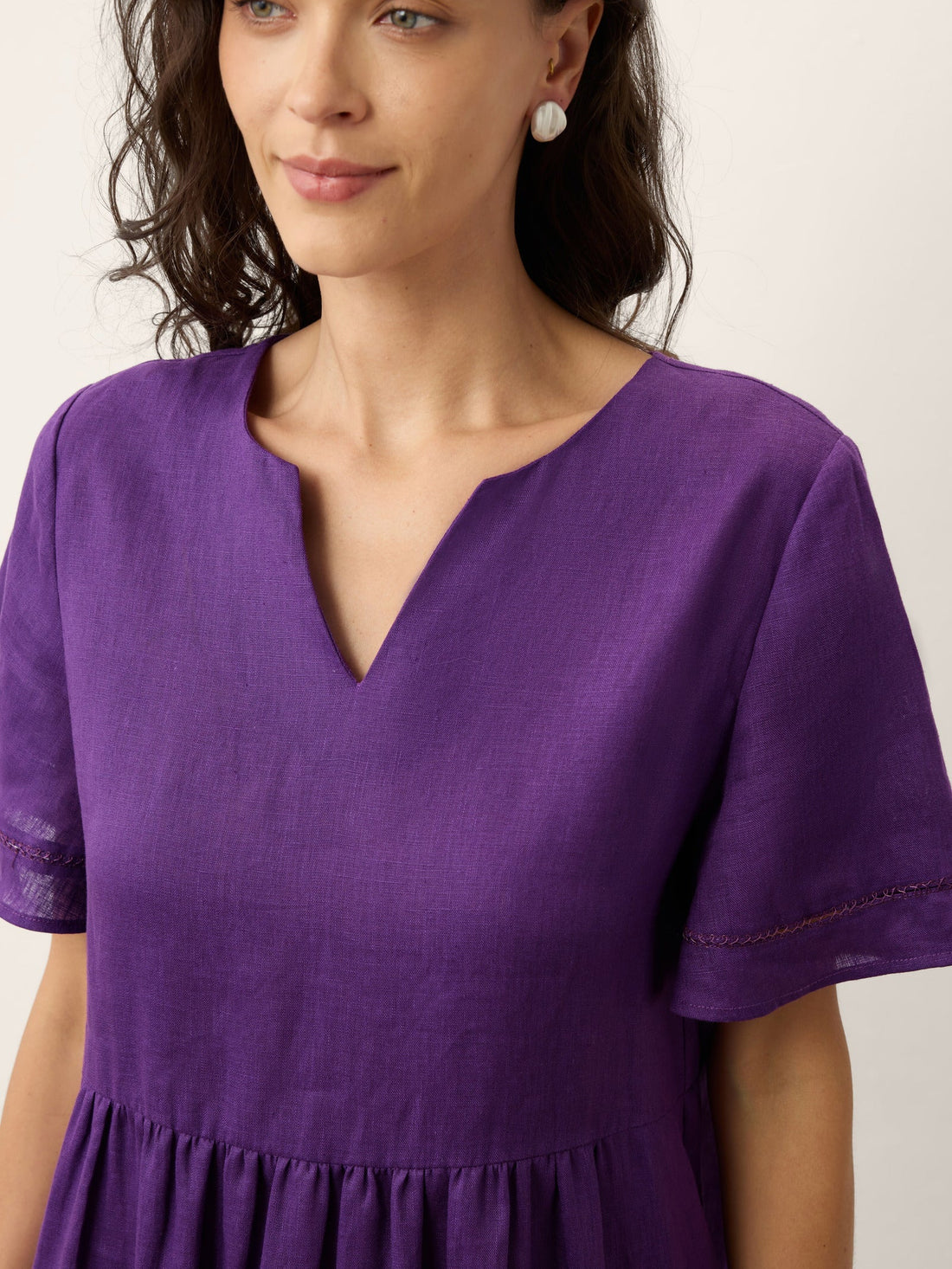 100% Linen Ruched Short Sleeve Midi Dress