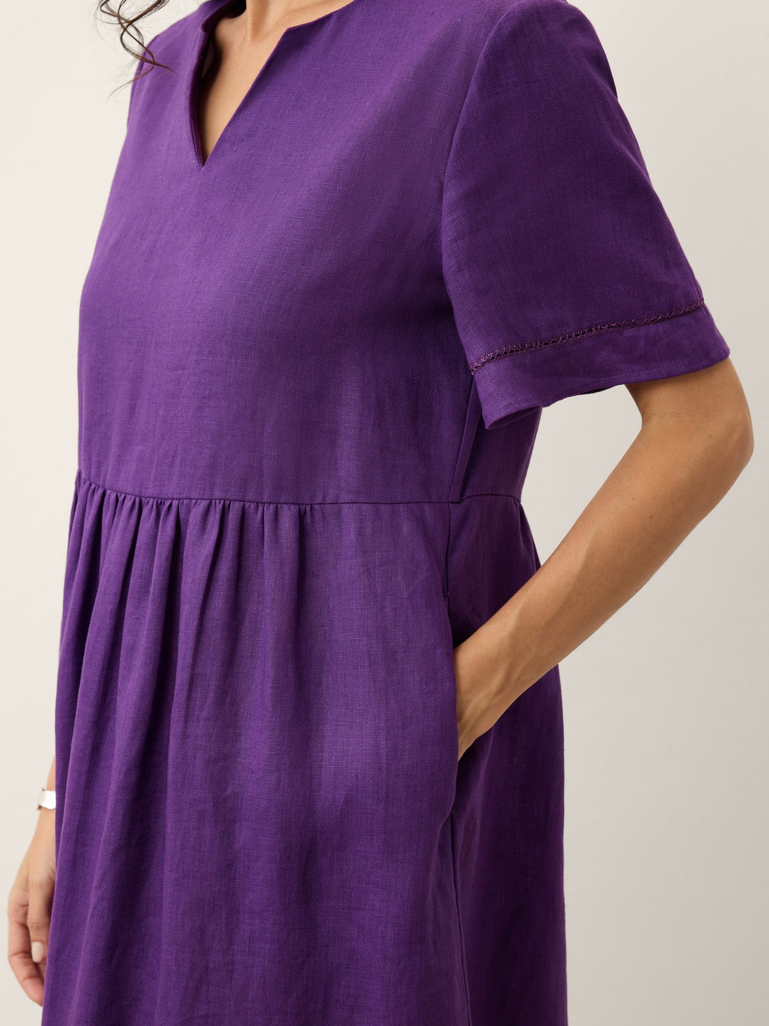 100% Linen Ruched Short Sleeve Midi Dress