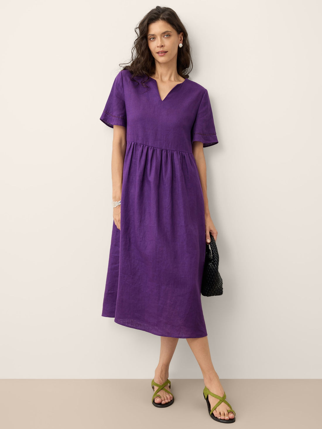 100% Linen Ruched Short Sleeve Midi Dress