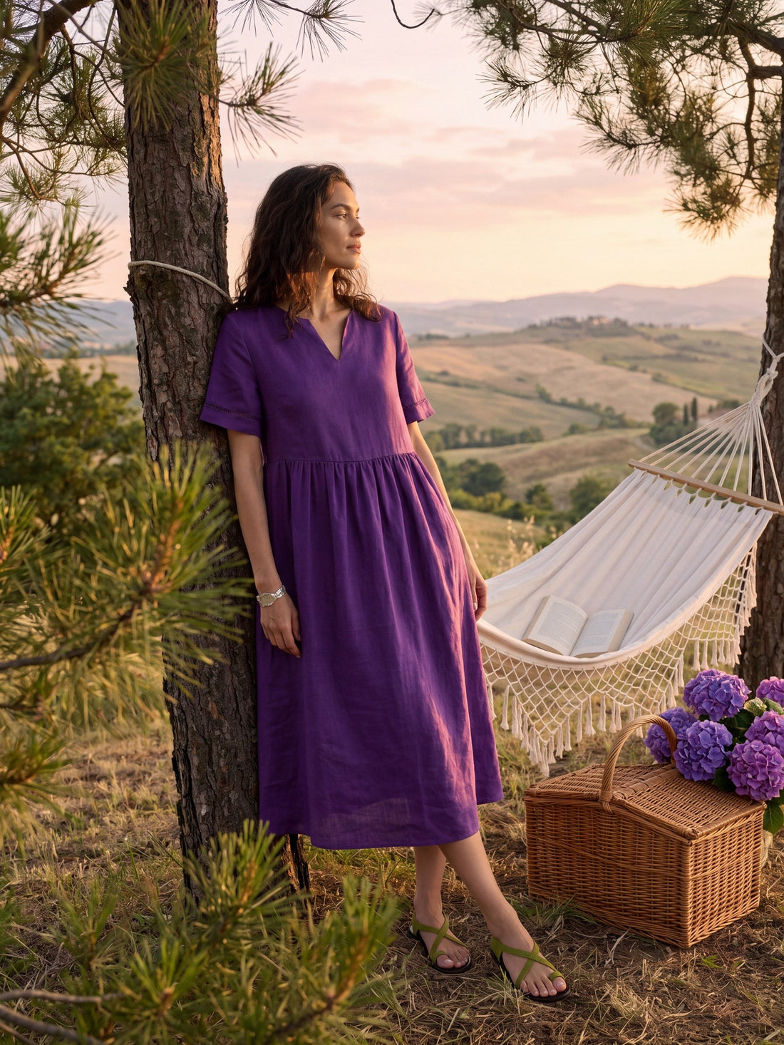 100% Linen Ruched Short Sleeve Midi Dress