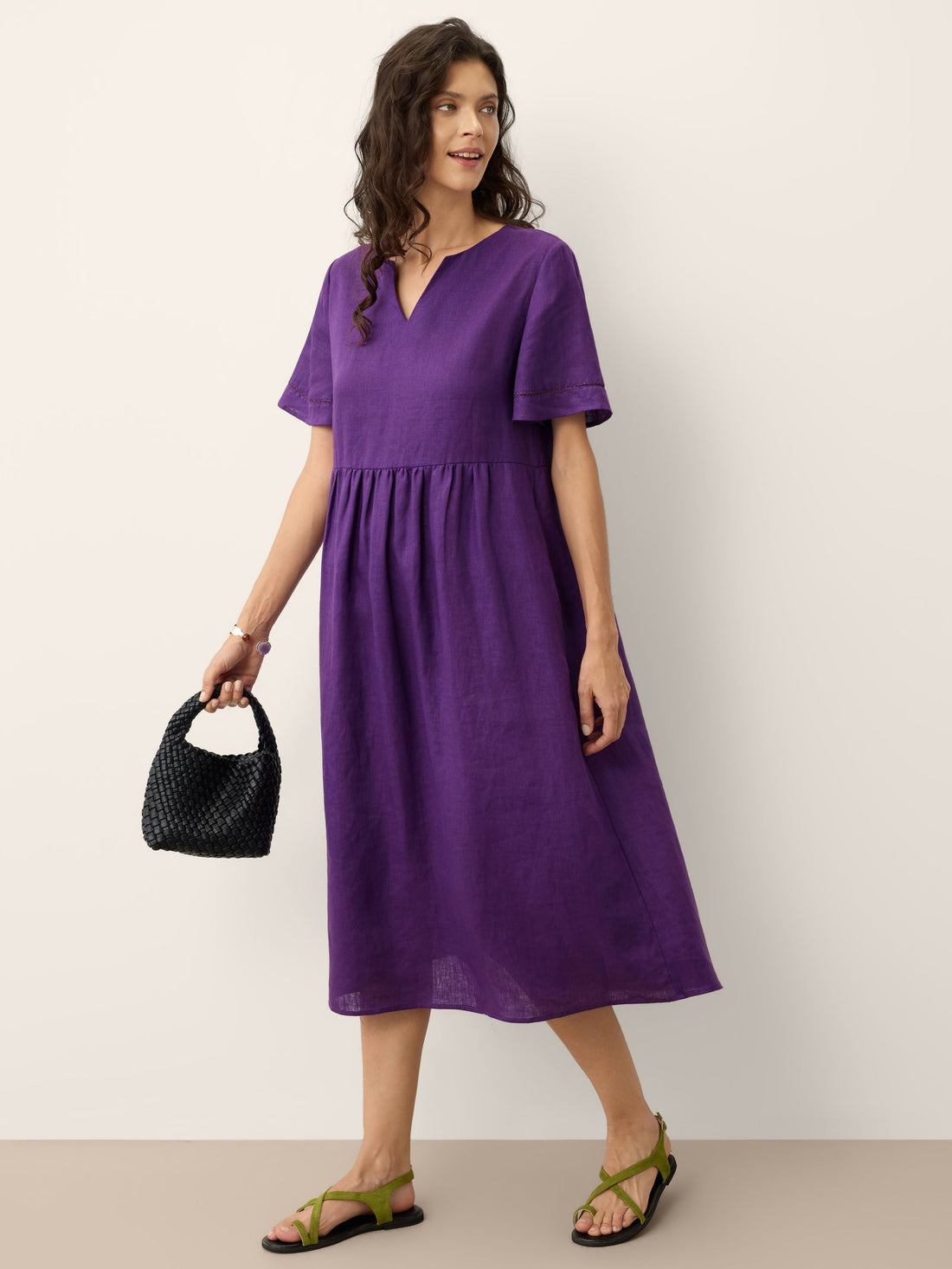 100% Linen Ruched Short Sleeve Midi Dress