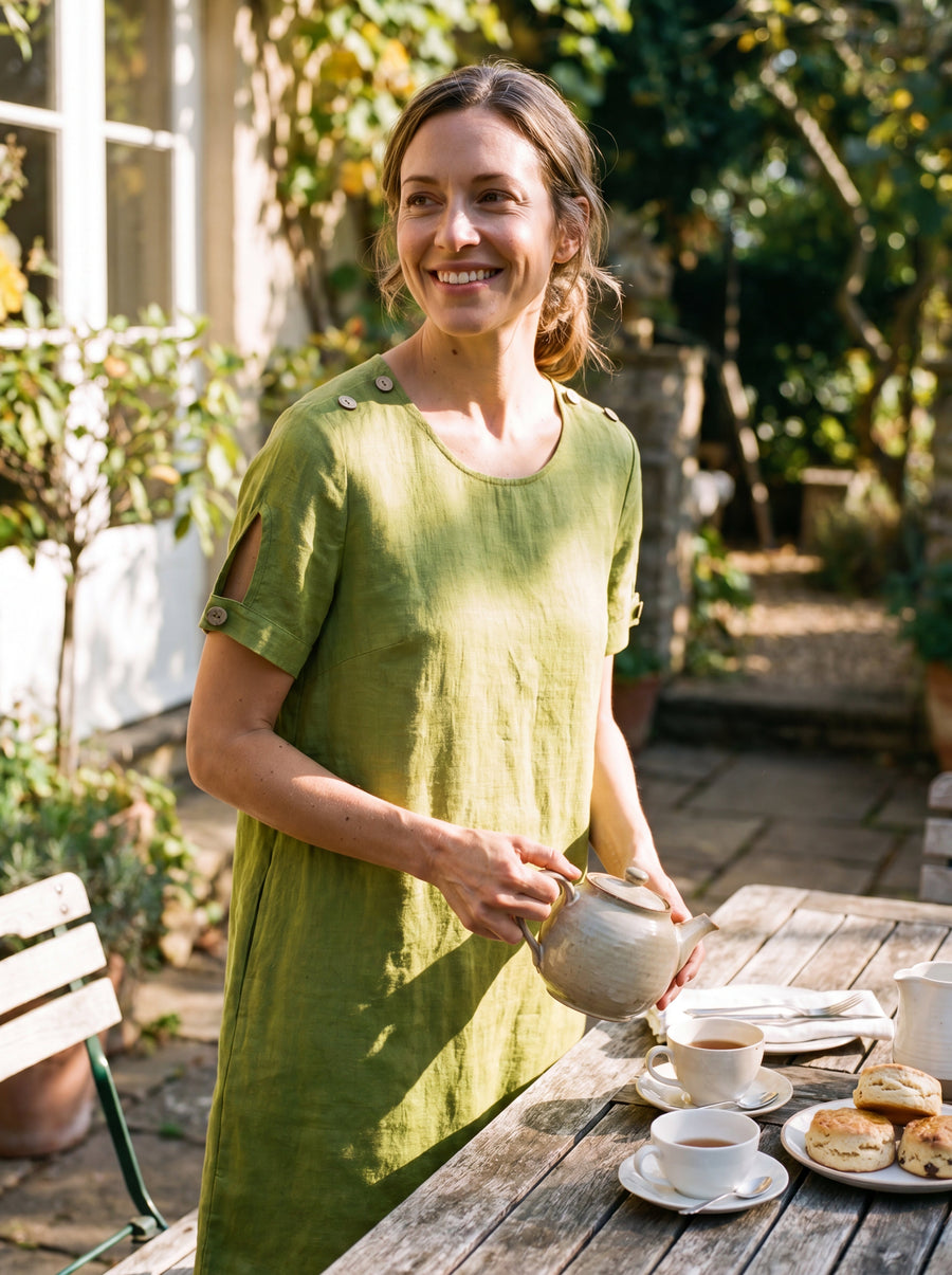 100% Linen Round Neck Mini Dress
