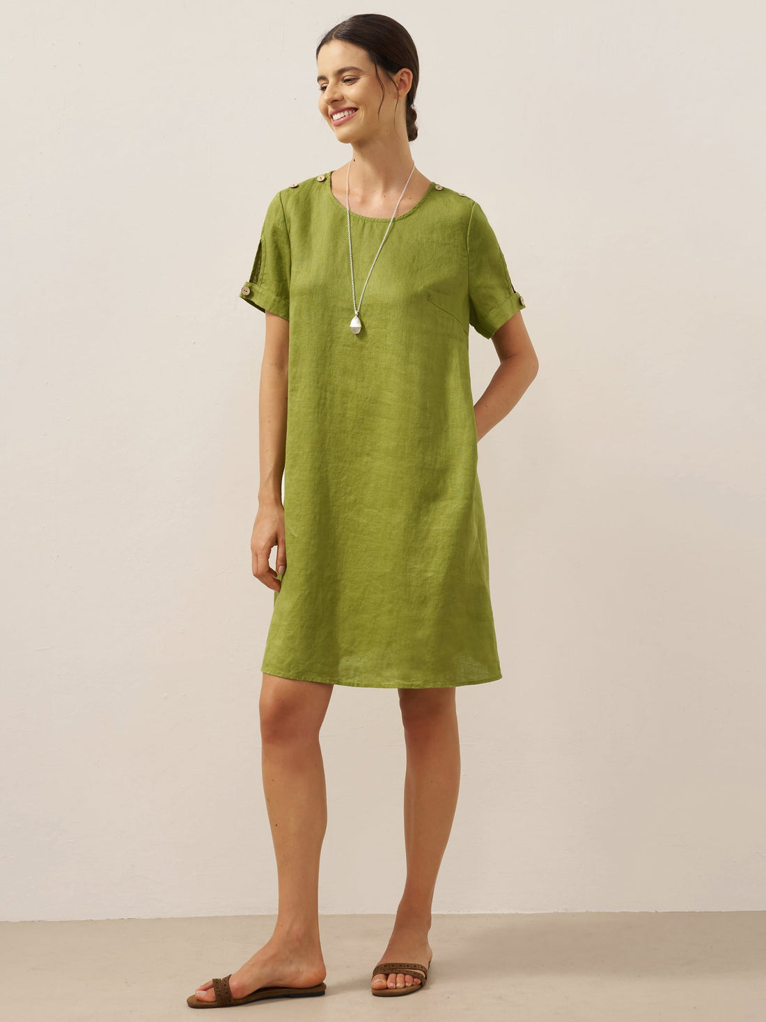100% Linen Round Neck Mini Dress