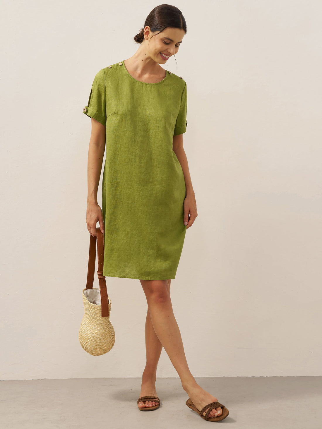 100% Linen Round Neck Mini Dress