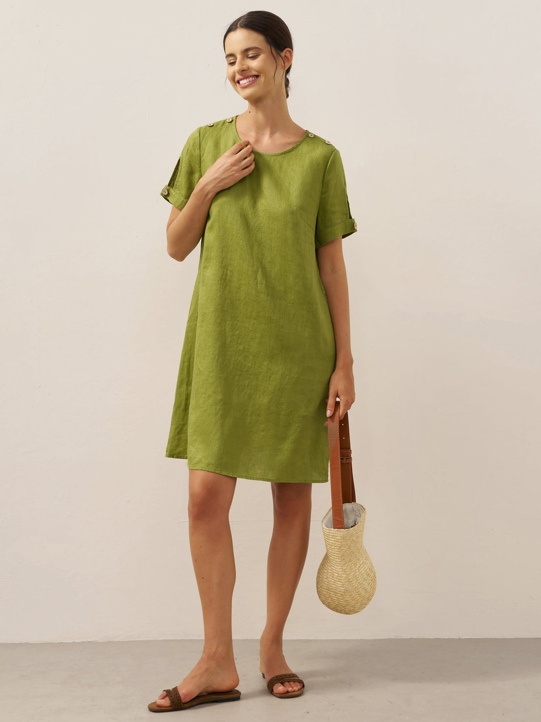 100% Linen Round Neck Mini Dress