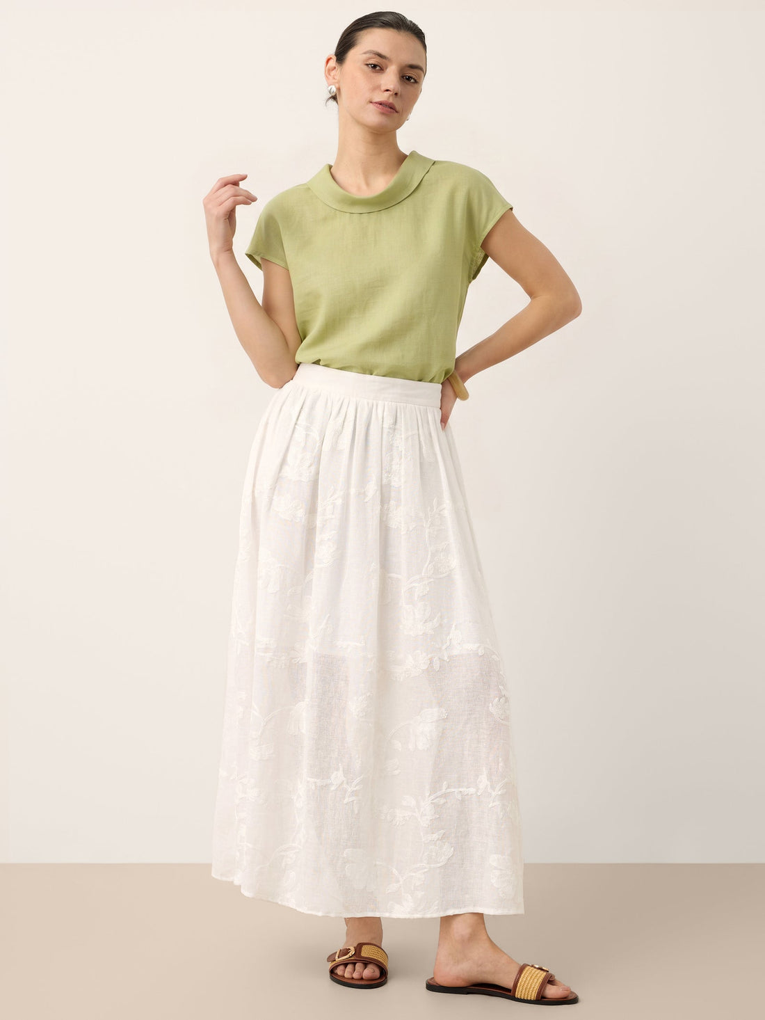 100% Linen Elastic Waist Midi Skirt