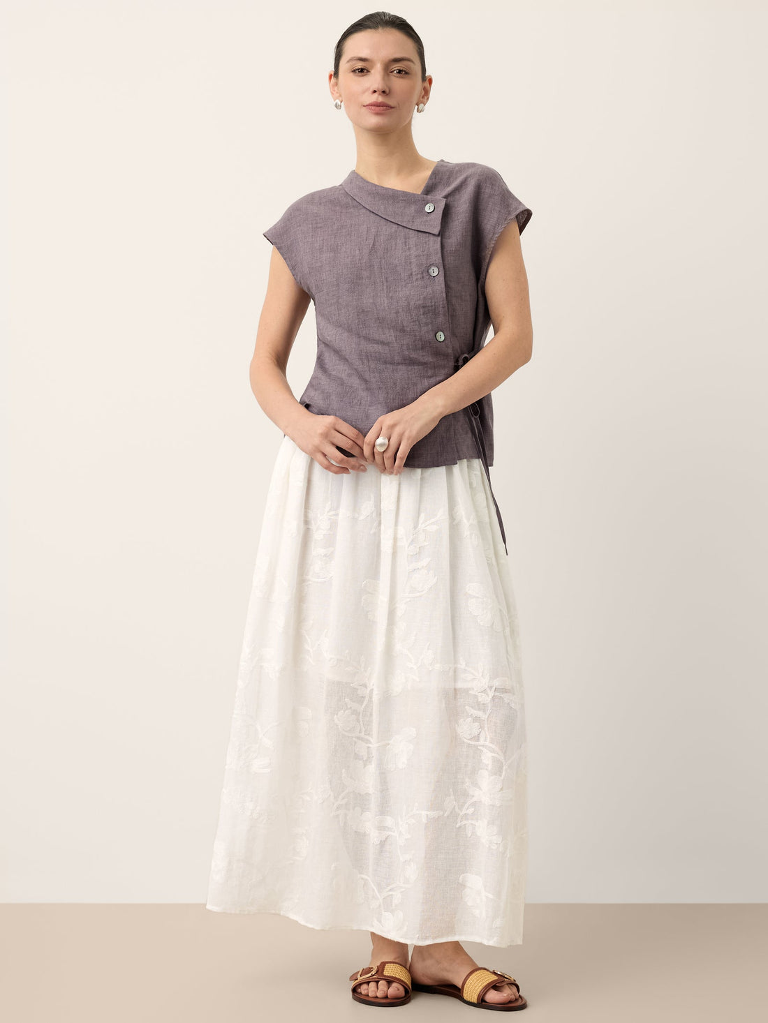 100% Linen Elastic Waist Midi Skirt