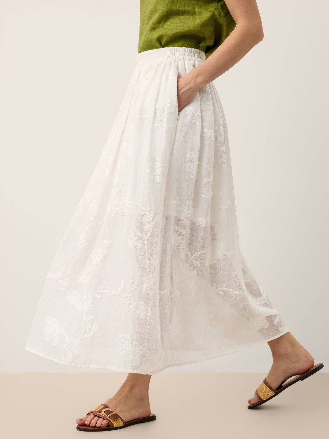 100% Linen Elastic Waist Midi Skirt