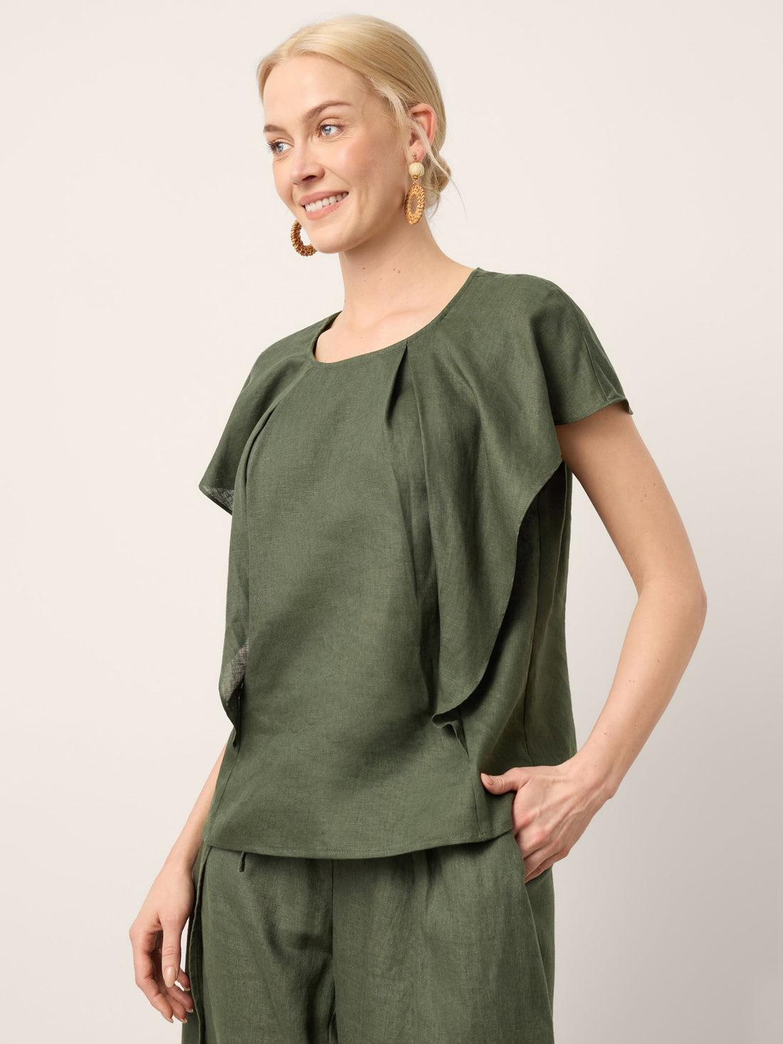 100% Linen Round Neck Top with Cap Sleeves