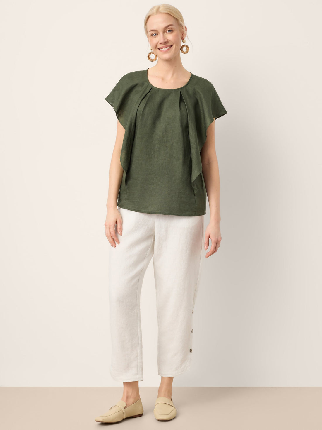 100% Linen Round Neck Top with Cap Sleeves