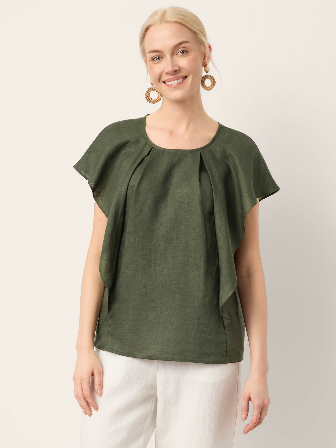 100% Linen Round Neck Top with Cap Sleeves