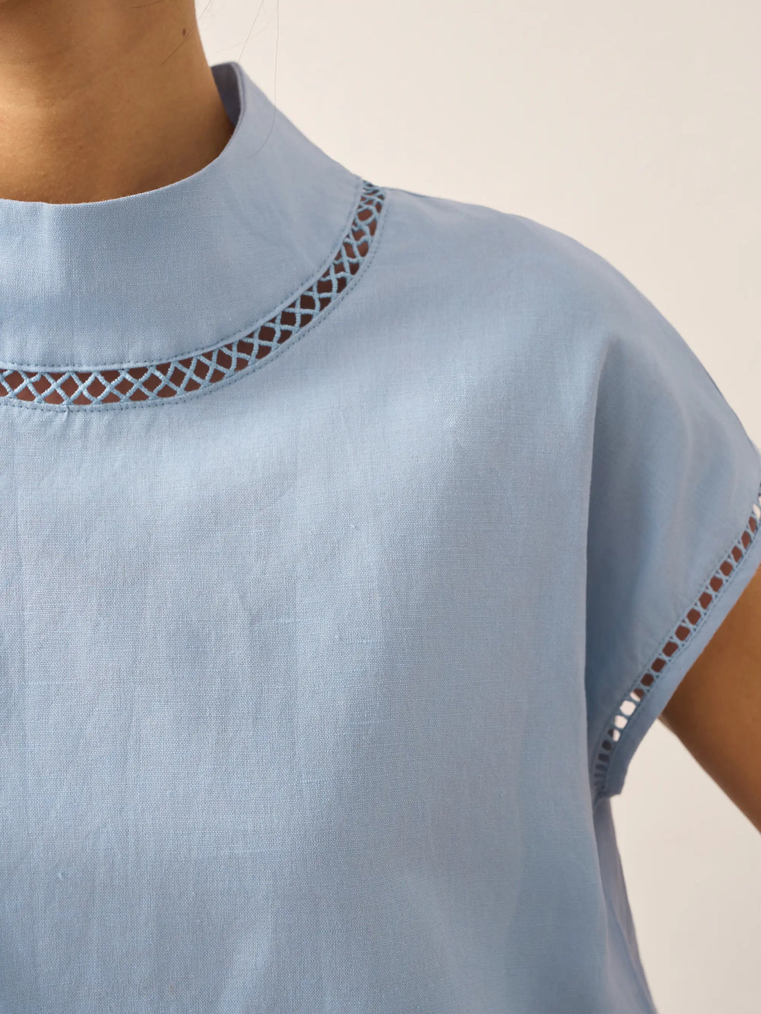 55% Linen Blend Stand Collar Top