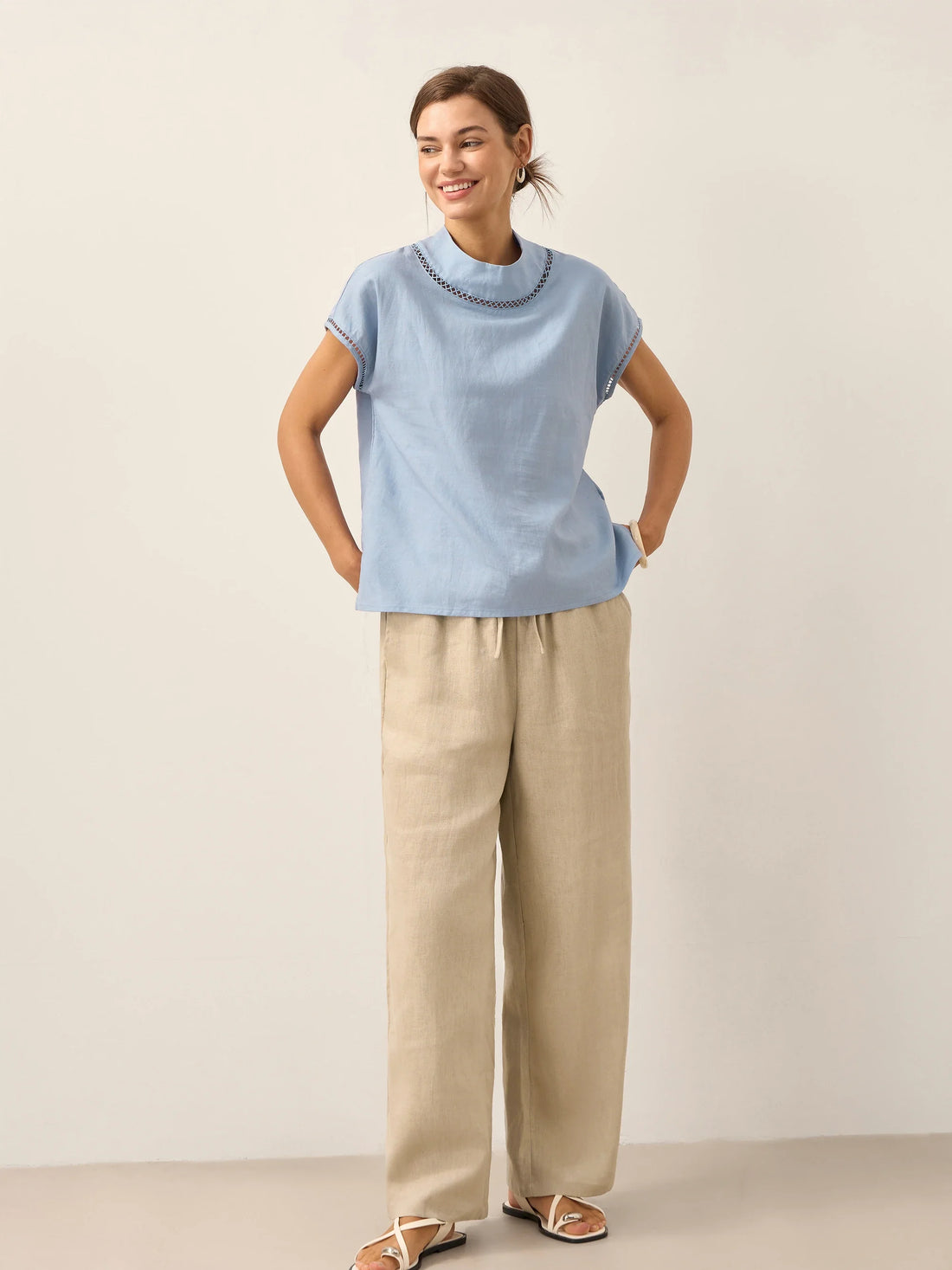 55% Linen Blend Stand Collar Top