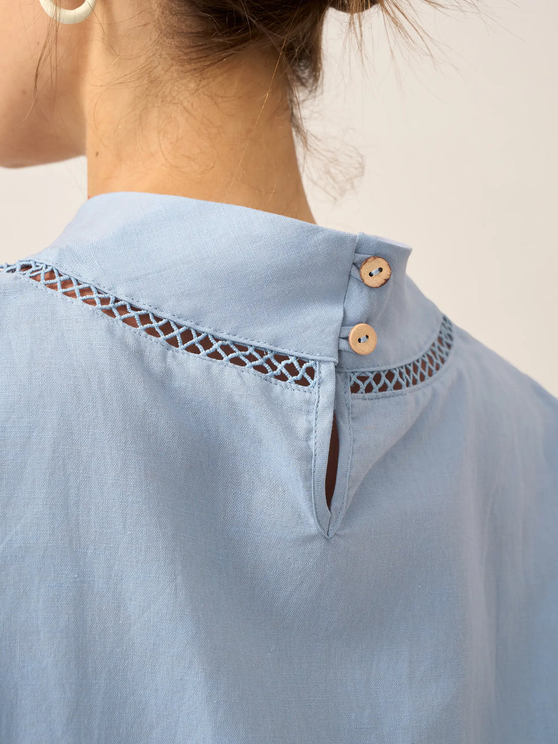Linen Blend Stand Collar Short Sleeve Blouse