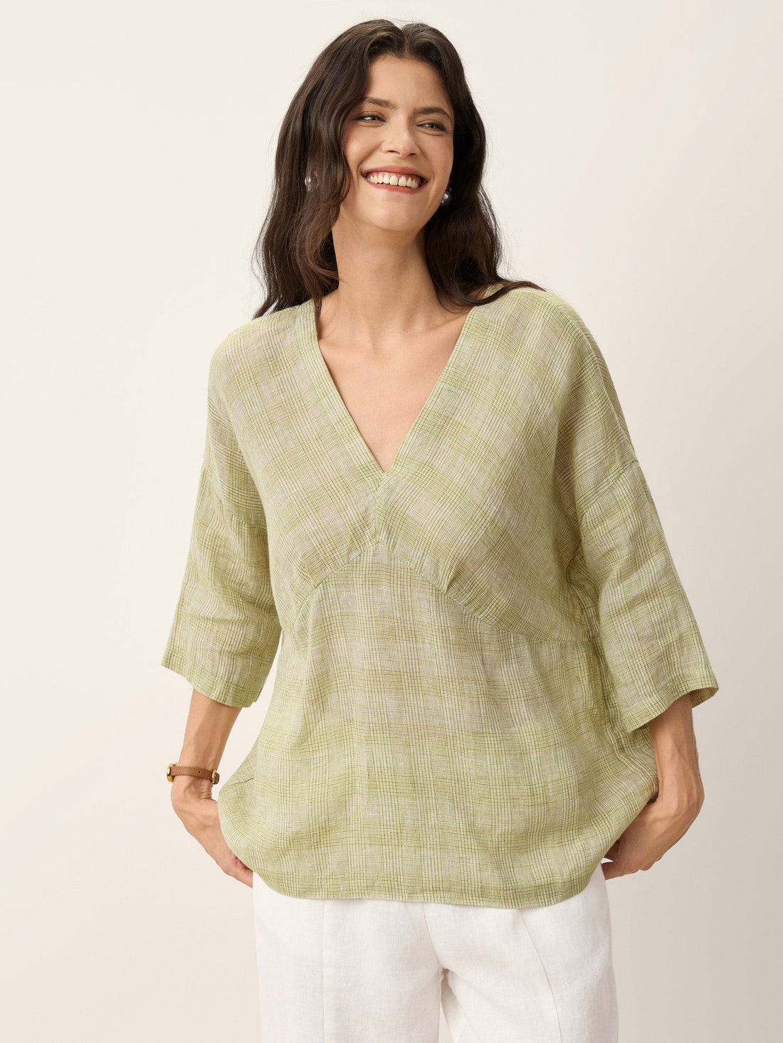 100% Linen Checked V-Neck Blouse