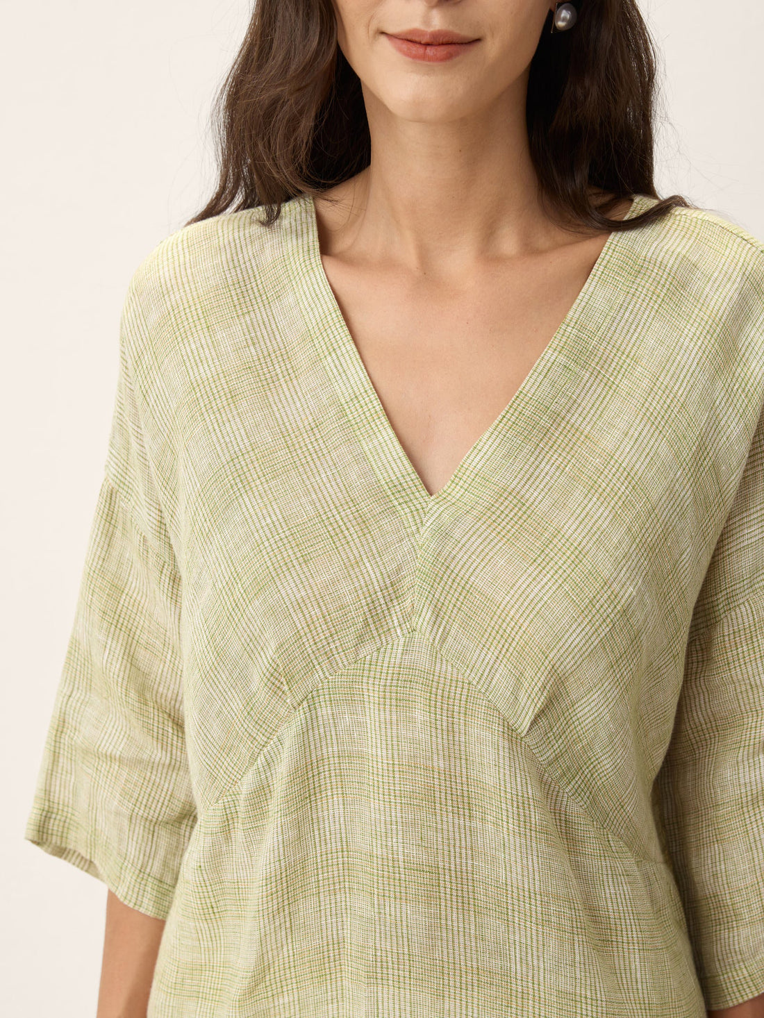 100% Linen Checked V-Neck Blouse