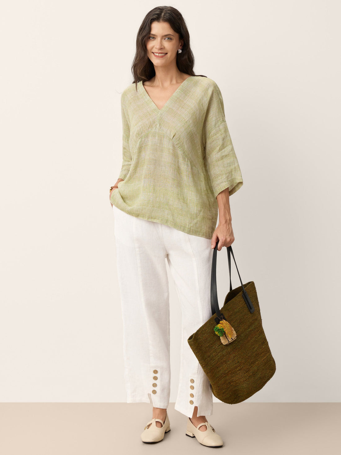 100% Linen Checked V-Neck Blouse